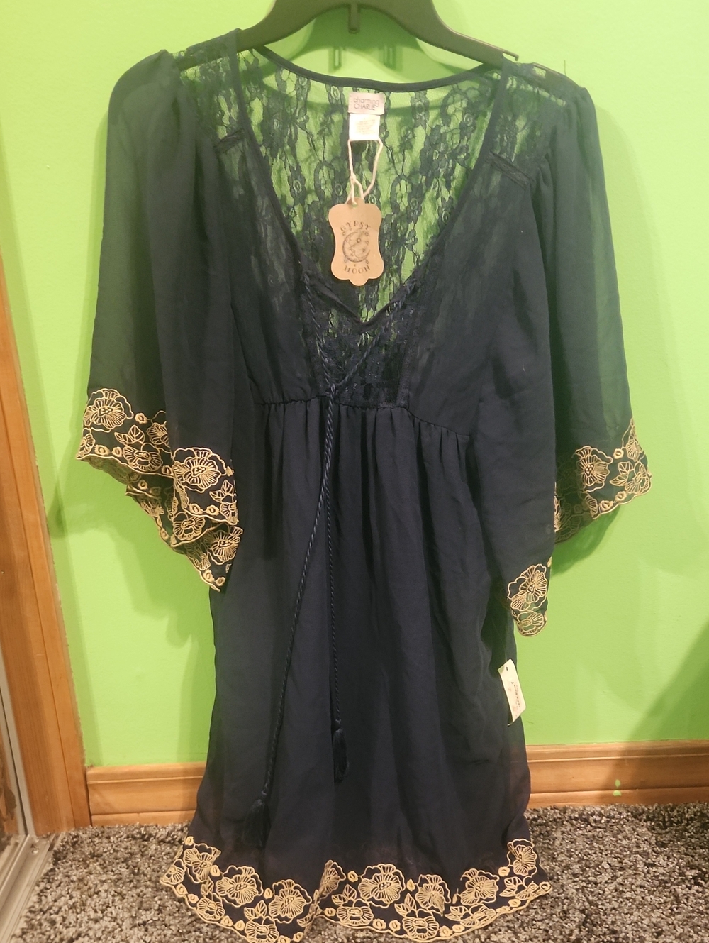Charming Charlie Navy Blue Boho Lace-Trim Peasant Top